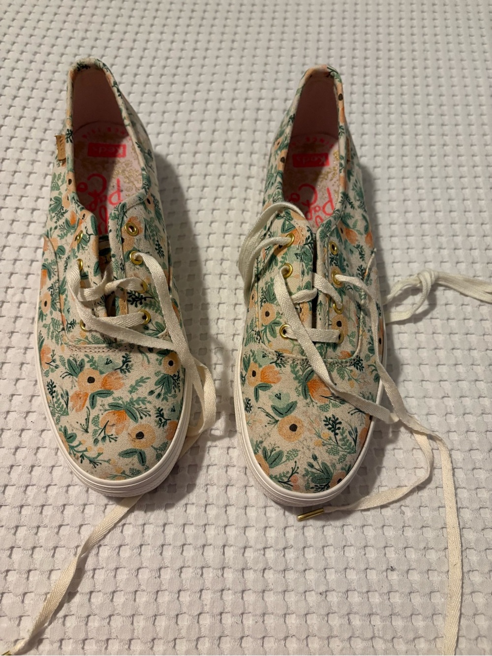 Keds x Rifle Paper Company Floral Canvas Sneakers in Cream, Green, and Peach